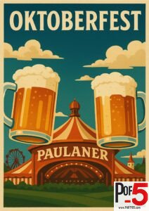 Vintage Oktoberfest poster featuring the Paulaner beer tent, giant beer steins, and Bavarian festival scene in retro travel art style.