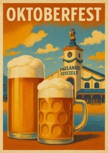 Vintage Oktoberfest poster featuring Paulaner Festzelt with two frothy beer mugs and festival scene in Munich, Germany.