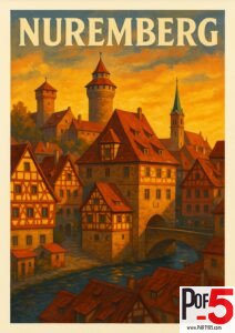 Vintage-style Nuremberg travel poster featuring half-timbered houses, castle towers, bridges, and a warm glowing sunset over the medieval old town.