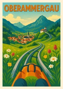 Vintage travel poster of Oberammergau, Germany, featuring an alpine coaster ride descending through colorful wildflowers and green Bavarian mountains under a bright blue sky.