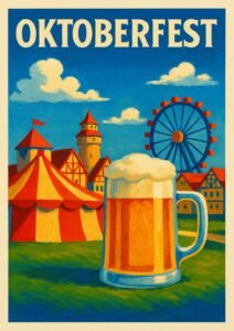 Vintage-style Oktoberfest poster featuring a frothy beer stein, colorful festival tents, Ferris wheel, and Bavarian architecture in Munich.