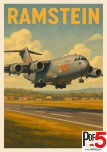Vintage travel poster of Ramstein Air Base featuring a C-17 military transport aircraft taking off over a golden runway with mountains in the background.