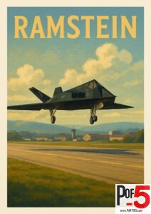 Vintage-style Ramstein Air Base poster featuring an F-117 Nighthawk stealth aircraft landing against a backdrop of mountains and clouds.
