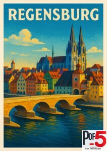 Vintage-style Regensburg travel poster featuring the Old Stone Bridge, colorful medieval houses, and the Regensburg Cathedral under a bright blue sky.