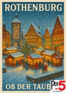Vintage travel poster of Rothenburg ob der Tauber showing a snowy German Christmas market with illuminated stalls, half-timbered houses, and a festive tree.