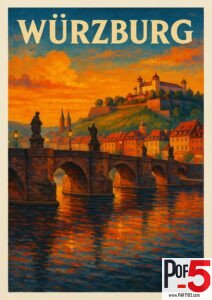 Retro-style illustration of Würzburg, Germany, featuring the Old Main Bridge with statues, the Marienberg Fortress on the hill, and a glowing sunset reflecting on the Main River.