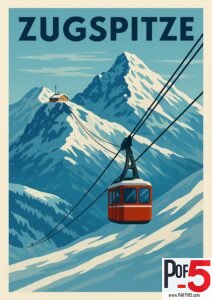 Retro-style illustration of the Zugspitze in the German Alps with a bright red cable car ascending snowy mountain peaks and a summit lodge in the background.