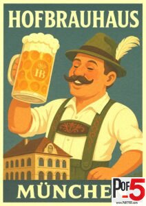 Vintage Hofbräuhaus München poster featuring a smiling man in traditional Bavarian clothing holding a large beer stein, with the historic Hofbräuhaus building illustrated below.