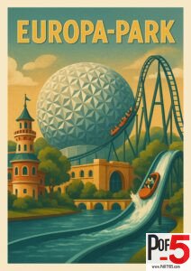 Retro-style illustration of Europa-Park showing a large geometric dome, a looping roller coaster, a water log flume ride, and whimsical tower architecture surrounded by greenery.