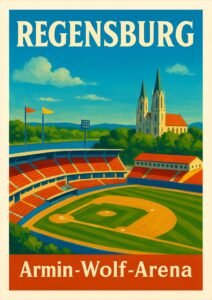 Vintage-style illustration of Armin-Wolf-Arena in Regensburg, Germany, featuring a baseball field, red stadium seating, flags, lush greenery, a river, and a historic church with twin spires in the background.