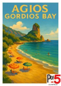 Retro-style illustration of Agios Gordios Bay in Corfu, Greece, featuring golden sand, turquoise water, swimmers, colorful beach umbrellas, lush green cliffs, and a dramatic rock formation rising from the sea.
