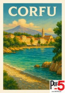 Vintage travel poster of Corfu featuring a turquoise bay, Mediterranean village, church tower, rocky shoreline, and warm afternoon light in a retro painted style.