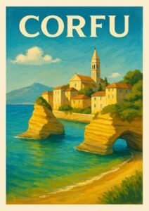 Vintage-style illustration of Corfu, Greece featuring dramatic coastal cliffs, turquoise water, a seaside village with terracotta rooftops, and a tall bell tower overlooking the Ionian Sea.