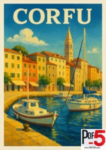 Vintage-style illustration of Corfu, Greece showing a sunny harbor with sailboats and fishing boats, colorful old town buildings, and a tall bell tower along the waterfront.