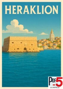 Vintage-style poster of Heraklion, Crete depicting the Koules Fortress on the waterfront, bright blue Mediterranean waters, and hillside buildings with a tall white tower in the background.