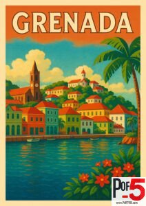 Vintage-style Grenada travel poster depicting the colorful waterfront of St. George’s with red-roofed buildings, tropical flowers, palm trees, and boats on turquoise water.