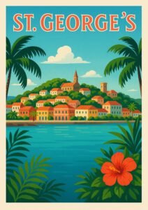 Vintage-style travel poster of St. George’s, Grenada, featuring colorful hillside houses, palm trees, turquoise water, and a bright red hibiscus flower in the foreground.