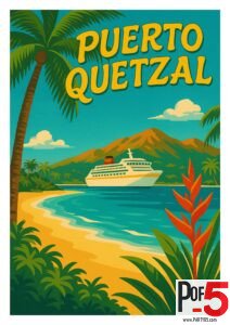 Retro tropical illustration of Puerto Quetzal, Guatemala featuring a cruise ship near a golden beach, turquoise water, lush palm trees, volcanic mountains, and bright exotic flowers.