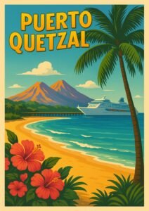 Colorful vintage-style Puerto Quetzal poster showing a tropical beach, palm trees, hibiscus flowers, turquoise water, volcanoes, and a cruise ship in Guatemala.