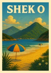 Vintage-style Shek O beach poster featuring golden sand, turquoise waves, colorful umbrellas, and lush green Hong Kong mountains under a bright sky.