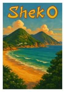 Vintage-style Shek O travel poster featuring golden sand beaches, turquoise waves, lush green mountains, and a peaceful Hong Kong coastline.