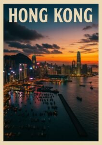 Vintage-style Hong Kong travel poster featuring a dramatic sunset over Victoria Harbour with illuminated skyscrapers, boats, and a glowing city skyline.