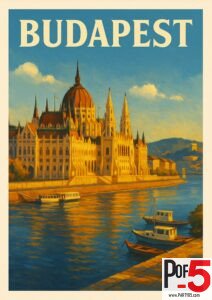 Vintage-style Budapest travel poster featuring the Hungarian Parliament Building glowing in warm sunset light along the Danube River, with boats on the water.