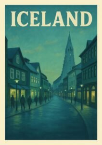 Vintage-style Iceland travel poster showing a dusk street scene in Reykjavik with glowing shop windows, pedestrians, and Hallgrímskirkja church in the background.