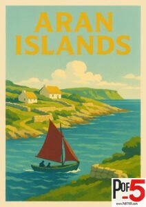 Vintage-style illustration of the Aran Islands featuring a red-sailed traditional boat on blue waters, stone walls, green coastline, and cottage homes.