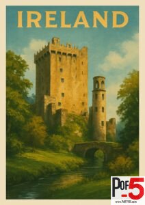 Vintage-style illustration of a historic Irish castle with a tall stone tower, a round turret, and a stone bridge over a peaceful river, surrounded by green trees and countryside.