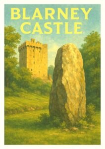 Vintage-style illustration of Blarney Castle in Ireland with a large standing stone in the foreground, surrounded by lush green trees and sunlight.