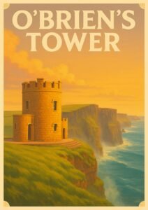 Vintage-style poster of O’Brien’s Tower at the Cliffs of Moher in Ireland, featuring a round stone tower overlooking dramatic sea cliffs and the Atlantic Ocean at sunset.