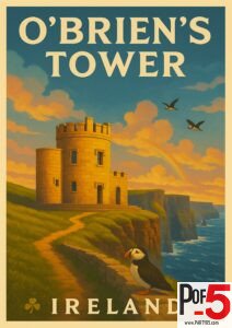 Vintage travel poster of O’Brien’s Tower at the Cliffs of Moher in Ireland, showing the round stone tower, dramatic sea cliffs, flying puffins, a rainbow, and a sunset sky.