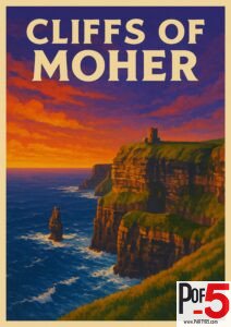 Vintage travel poster of the Cliffs of Moher in Ireland featuring dramatic sea cliffs, ocean waves, a tall sea stack, and a vibrant sunset sky.