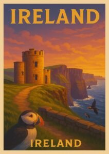Vintage Ireland travel poster showing O’Brien’s Tower on the Cliffs of Moher at sunset, with Atlantic waves below and puffins perched and flying along the cliffs.