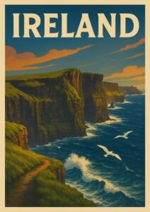 Vintage Ireland travel poster featuring the Cliffs of Moher with dramatic sea cliffs, ocean waves, and soaring seabirds at sunset.