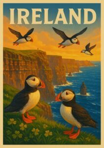 Colorful vintage-style illustration of puffins at the Cliffs of Moher in Ireland, with flying puffins, sea stacks, dramatic cliffs, and a glowing sunset sky.