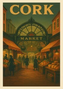 Vintage-style Cork Market poster depicting the historic English Market entrance, food stalls, shoppers, and warm evening lighting.