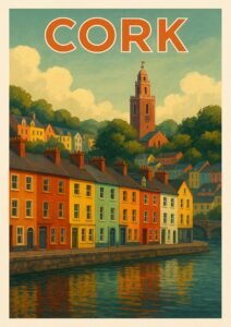Vintage-style illustration of Cork, Ireland featuring colorful riverside houses, reflections on the water, and the historic Shandon Tower rising above the hillside.