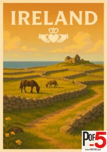 Vintage-style Ireland travel poster showing horses grazing in green fields surrounded by stone walls, with coastal cliffs and ancient ruins in the distance under a warm sunset sky.