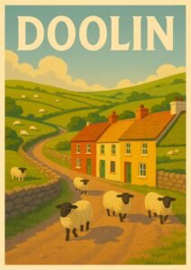 Vintage-style Doolin Ireland poster featuring roaming sheep, colorful Irish cottages, stone walls, and rolling green countryside hills.