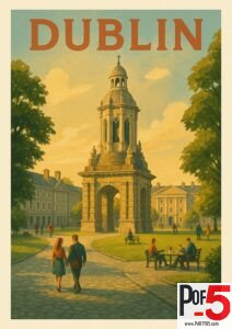 Vintage-style Dublin poster featuring the Trinity College Campanile with people walking and sitting around the green campus on a sunny day.