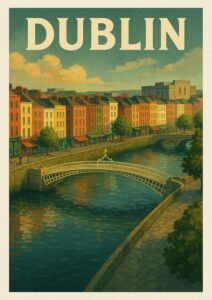 Vintage-style Dublin poster featuring the Ha’Penny Bridge arching over the River Liffey with colorful Georgian buildings along the quays.