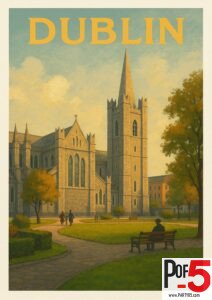 Vintage-style Dublin poster featuring St. Patrick’s Cathedral with people walking through the surrounding park on a sunny day.
