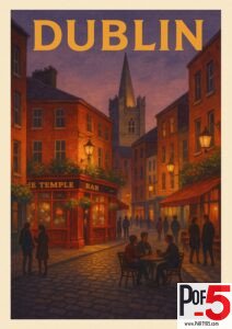 Vintage-style Dublin Temple Bar poster showing the iconic pub at dusk, warm street lighting, cobblestone streets, and people enjoying the nightlife.