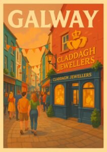 Vintage-style illustration of Killarney, Ireland featuring rolling green hills, lakes, mountains, sheep grazing, a stone tower, and a horse-drawn carriage on a country path.
