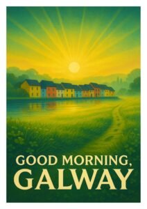 Vintage-style Good Morning Galway poster showing a golden sunrise over the colorful Claddagh houses reflected on the river, with a lush green path and morning mist.