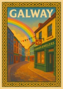 Vintage-style Galway poster featuring a rainbow over colorful historic streets, a Claddagh Jewellers shop, warm sunset lighting, and a decorative Celtic knot border.