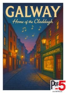 Vintage-style illustration of Galway’s historic streets at dusk, featuring warm lantern light, a Claddagh jewelry shop, colorful buildings, and musical notes floating in the sky.