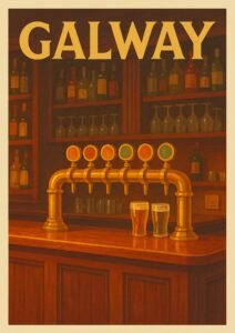 Vintage-style illustration of a traditional Galway pub featuring brass beer taps, wooden bar counters, shelves of bottles and glasses, and two pints of beer.